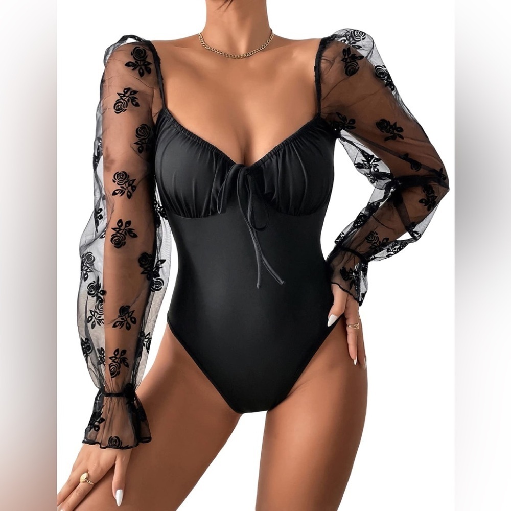 Women's Polka Dots Sheer Dobby Mesh Square Neck Long Sleeve Bodysuit Black